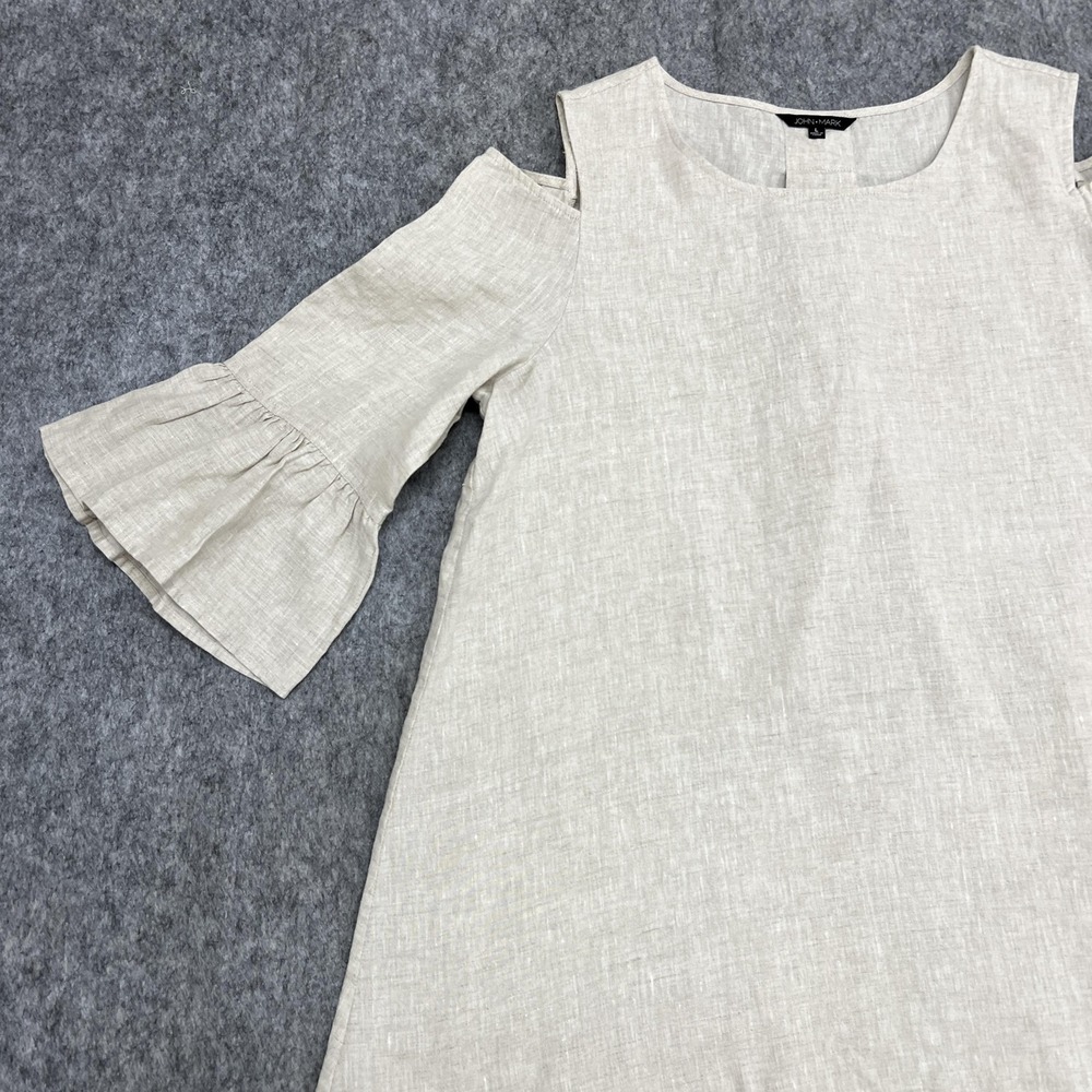 John Mark Blouse Womens L Beige Linen Cold Shoulder 3/4 Bell Sleeve Tunic Top - Picture 6 of 16